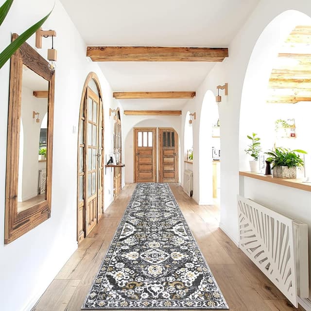 Enyhom Langer Flur Teppich Läufer 60 x 305 cm, Klassisch Waschbar Schlafzimmer Läufer Hochwertig rutschfest Küchenläufer Teppich Weich Fußmatte für Innen Außen, Grau Braun Grau Braun 60 x 305 cm