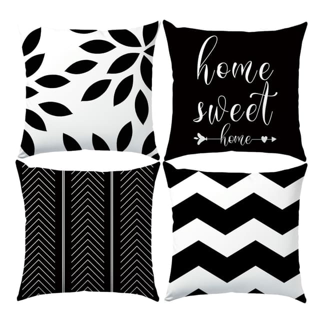 LANBEIDE Schwarzer Home Sweet Kissenbezug, 45 x45cm Set von 4 Schwarzer Geometrischer Kissenhüllen für Outdoor Wurf Dekorative für Sofa, Wohnzimmer, Bett Startseite Sweet02-schwarz 45.0 Zentimeter 45.0 Zentimeter
