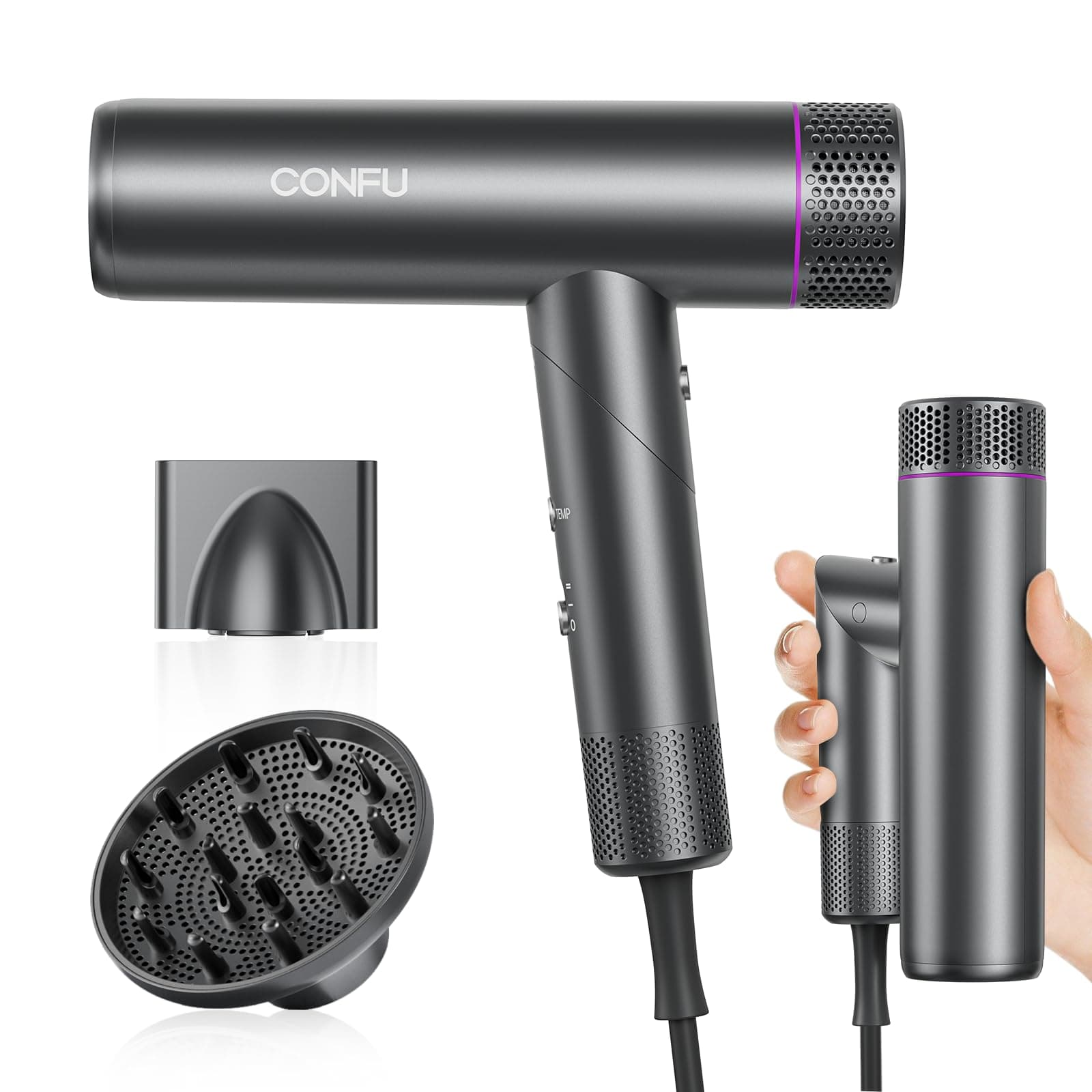 CONFU Fön Ionen Föhn Professioneller Salon Haartrockner 1700W Leicht und Faltbar Wenig Lärm Magnetischer Diffusor StylingDüse Extra lange Kabel, für Hause Salon und Reisen