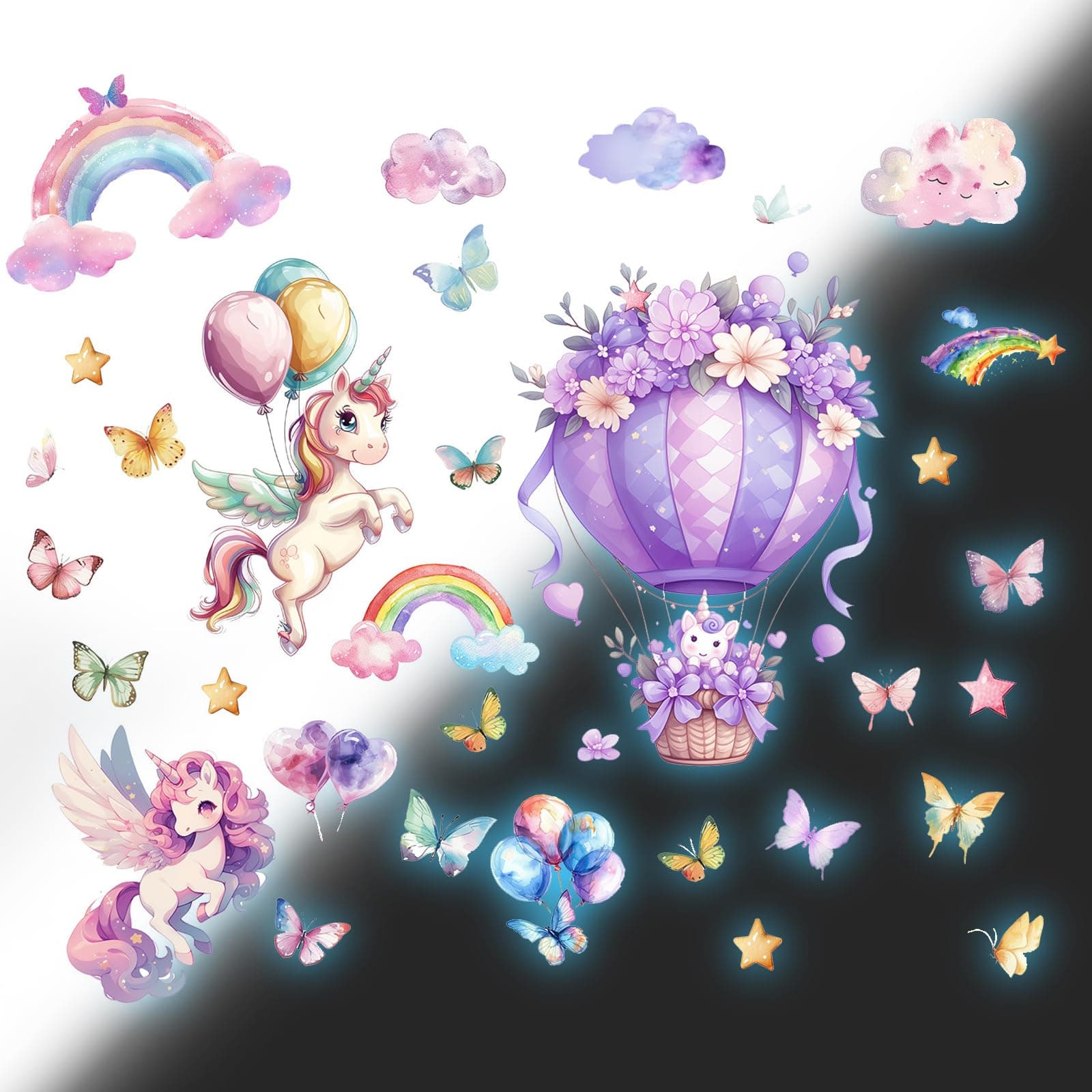 milaosk Wandtattoo Leuchtaufkleber Einhorn Heißluftballon Selbstklebend Wandaufkleber Schmetterling Sterne Ballon Wandbilder Leuchtende Wandsticker Kinderzimmer Mädchen Babyzimmer Deko Aufkleber