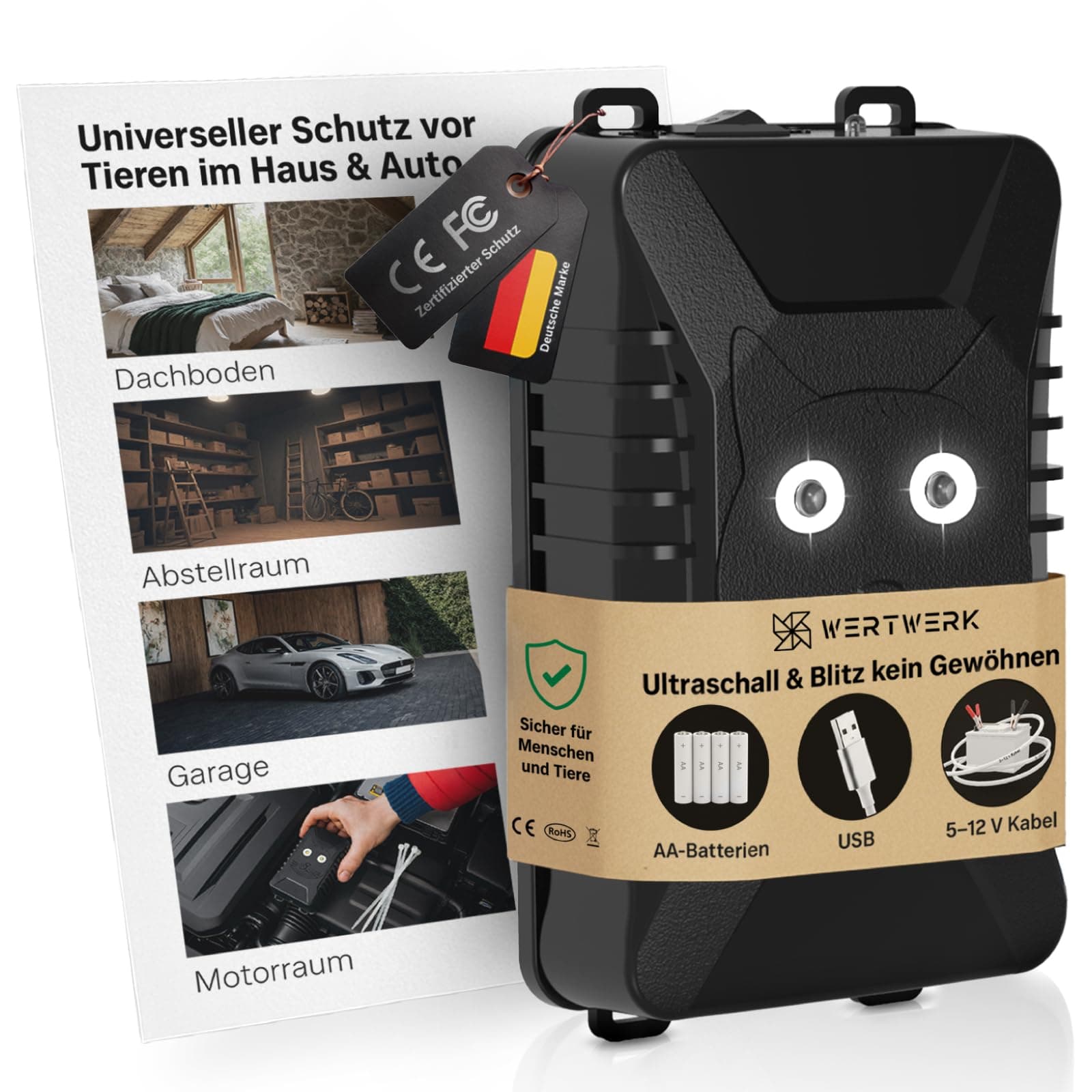 WERTWERK® Marderschreck Auto – Marderabwehr mit Ultraschall & Lichtblitz, Gerät zum Marder vertreiben im Motorraum, Dachboden, Garage & Haus, flexibel nutzbar mit Netzteil oder AA-Batterien