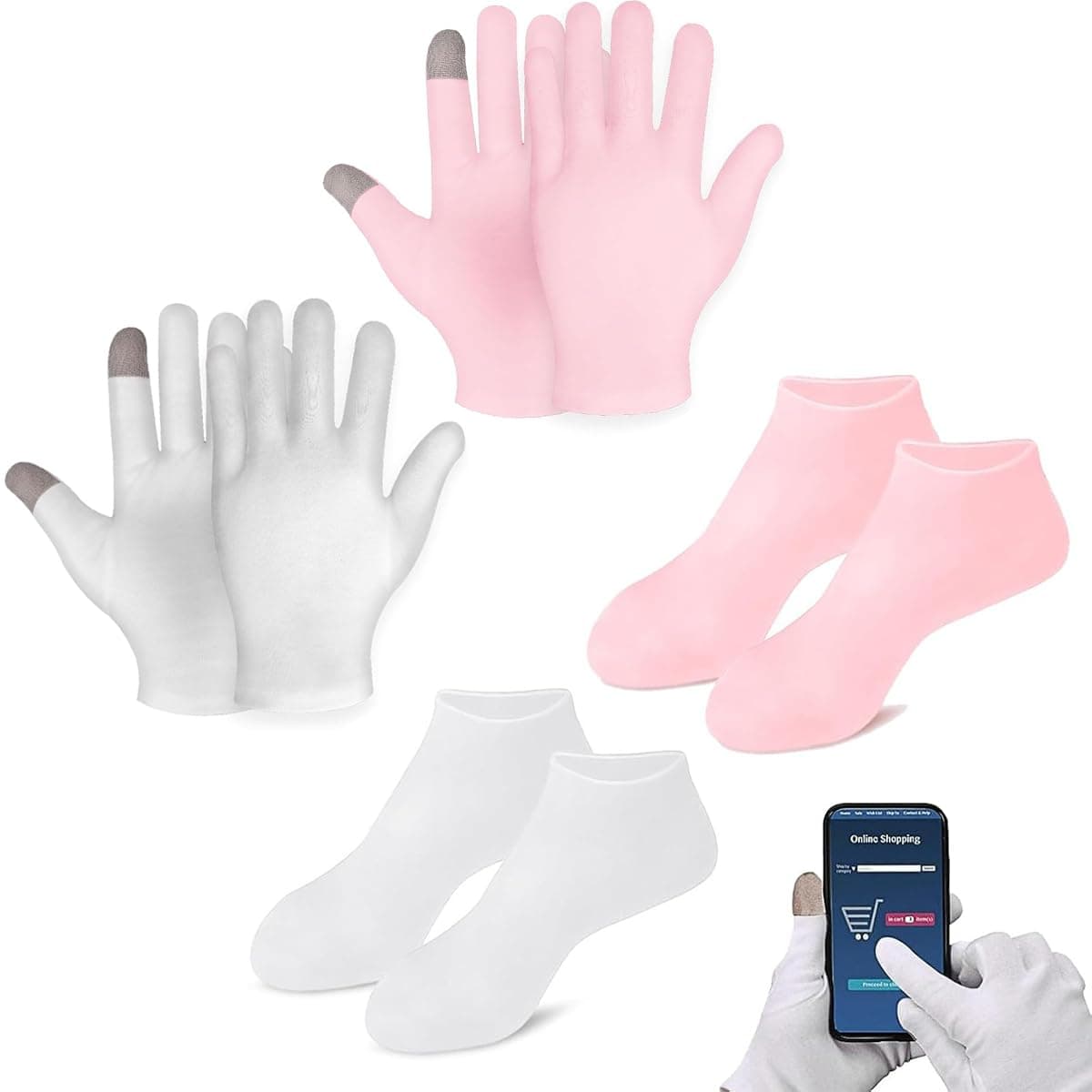 Baumwollhandschuhe mit Touchscree, 2 Paar Handschuhe, 2 Paar Socken,Baumwolle Feuchtigkeitsspendende Nacht Touchscreen Handschuhe,Hand- Und Fußschutz,für Handcreme Auftragen, Feuchtigkeitsspendend