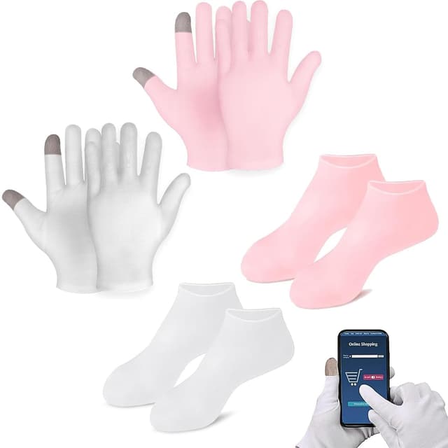 Baumwollhandschuhe mit Touchscree, 2 Paar Handschuhe, 2 Paar Socken,Baumwolle Feuchtigkeitsspendende Nacht Touchscreen Handschuhe,Hand- Und Fußschutz,für Handcreme Auftragen, Feuchtigkeitsspendend