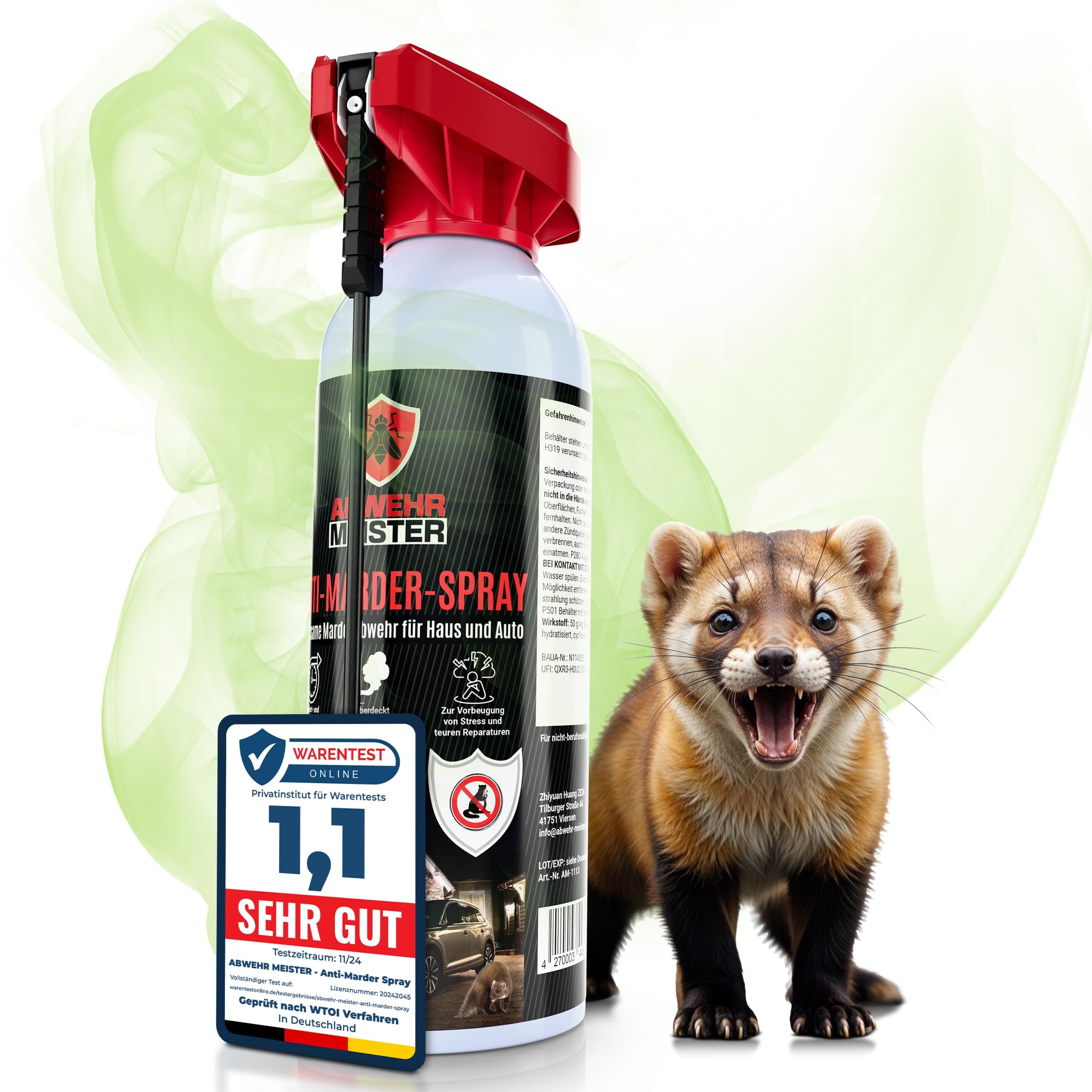 ABWEHR MEISTER Marderspray 400 ml zur Abwehr von Mardern für Haus, Garage & Auto, Marderschreck mit Sofort-, und Langzeitschutz Dank der AM-Formel, Marderabwehr inkl. Sprühlanze Made in Germany