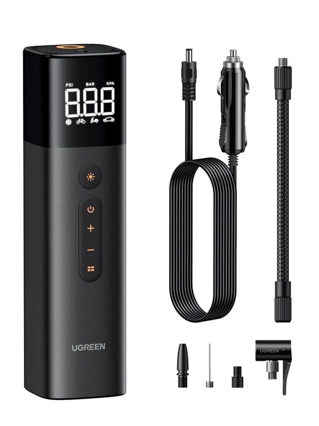 UGREEN Luftpumpe mit Zigarettenanzünder (0.2-10.3bar / 3-150psi )Elektrischer Kompressor Tragbar Fahrradpumpe Mini Reifenpumpe mit Digital LED Anzeige LED Licht für alle Fahrräder Motorräder und Autos