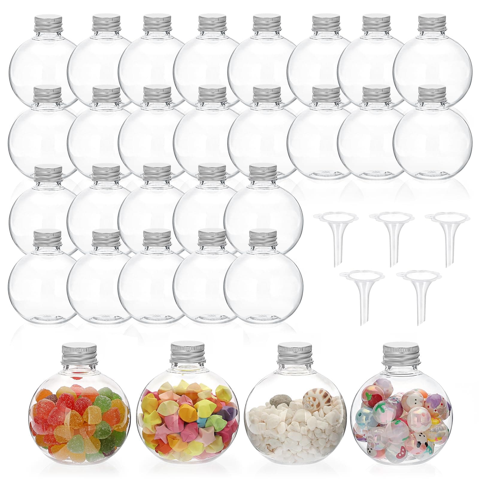SUMTree 30Pcs DIY Plastikflaschen Sandkunst Flasche mit Aluminiumdeckel Mehrzweck Transparent Vorratsflasche für Süßigkeiten, Tee, Aromastoffe, Armband Perlen (Kugelform,150ml, mit 5 Trichtern)