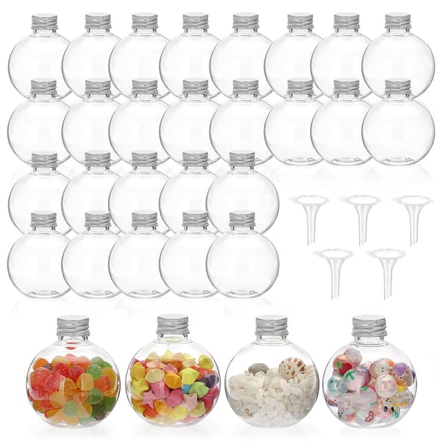 SUMTree 30Pcs DIY Plastikflaschen Sandkunst Flasche mit Aluminiumdeckel Mehrzweck Transparent Vorratsflasche für Süßigkeiten, Tee, Aromastoffe, Armband Perlen (Kugelform,150ml, mit 5 Trichtern)