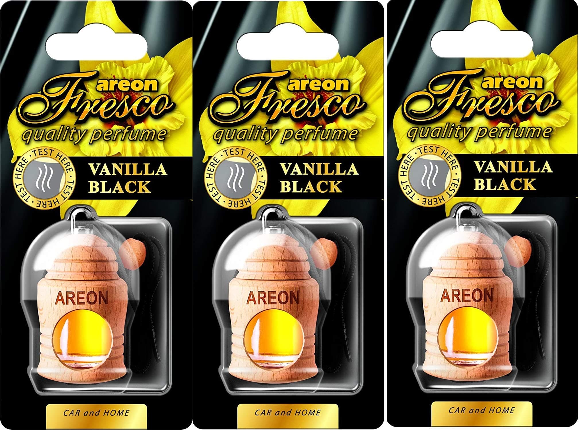 AREON Fresco Auto Vanille Schwarz Duft Glas Duftflakon Set Flakon Holz Set Hängend Anhänger Spiegel 4ml (Pack x 3) Vanille 4 ml (3er Pack)