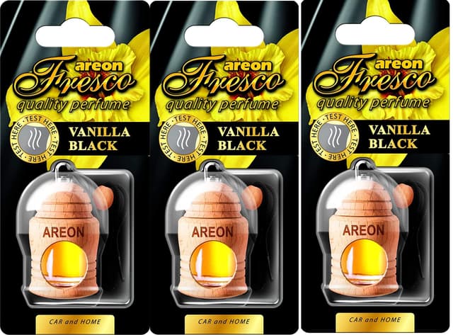 AREON Fresco Auto Vanille Schwarz Duft Glas Duftflakon Set Flakon Holz Set Hängend Anhänger Spiegel 4ml (Pack x 3) Vanille 4 ml (3er Pack)