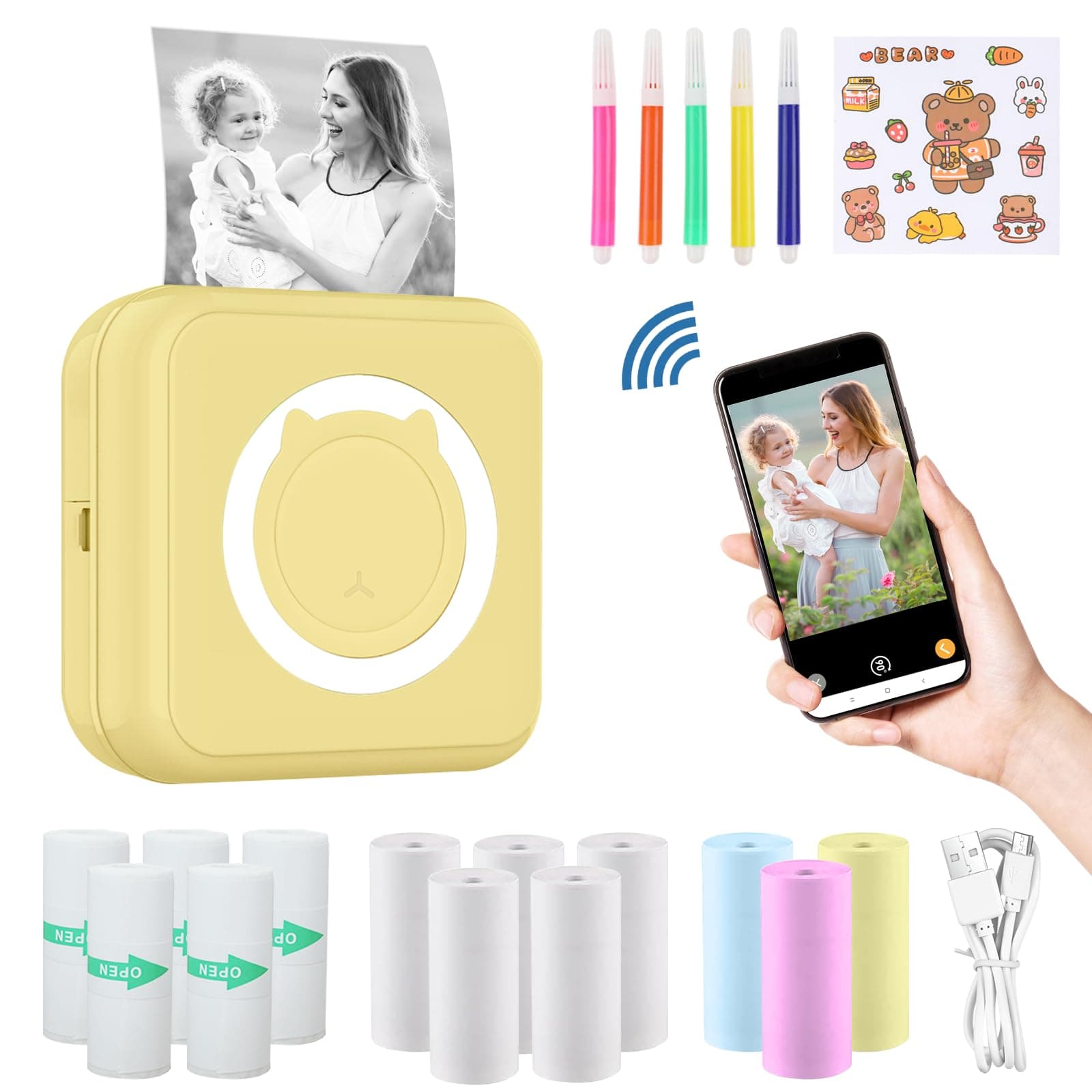 ZAKVOP mini drucker für Smartphone, mini Tragbare Fotodrucker, mini Pocket Printer, Bluetooth thermodrucker für iOS und Android, Aufkleber drucker für Journal, Notizen, Liste, Memo - Gelb