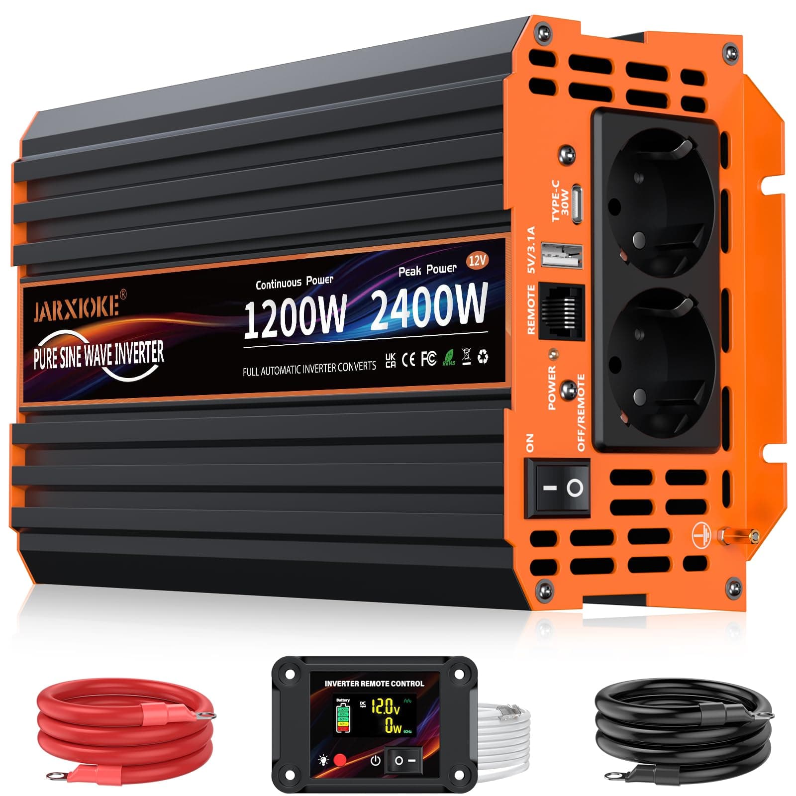 Wechselrichter 1200W Reiner Sinus Spannungswandler 12V auf 230V Power Inverter mit LCD Fernbedienung,USB Ports,Type-C Port,2 AC-Steckdosen für Solar,Fahrzeuge,Wohnmobil,Stromausfall,Reise 12V 1200W