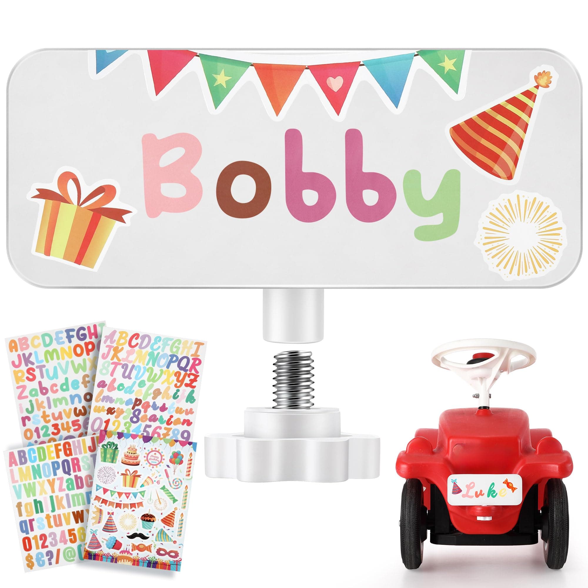 Enhon Aluminium Weiß Individuelles Nummernschild für Big Bobby Classic und New, 1 Fest Verstellbare Bolzen, 3 Buchstabenaufkleber, 1 Geburtstagsaufkleber, Namensschild für das Rutschfahrzeug