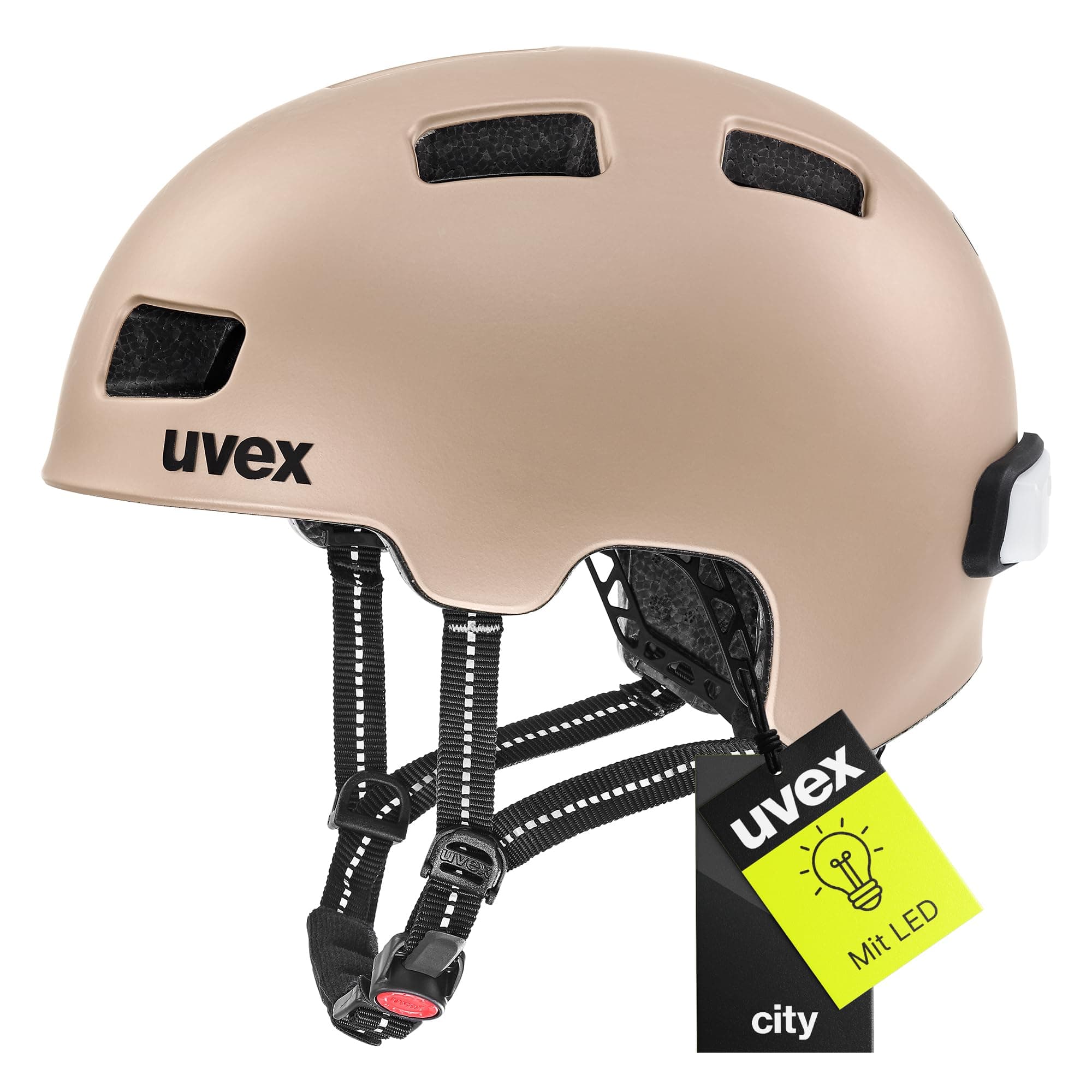 uvex City 4 - Leichter City-Helm für Damen und Herren - individuelle Größenanpassung - inkl. LED-Licht Gen. 2 soft gold matt 55-58 cm