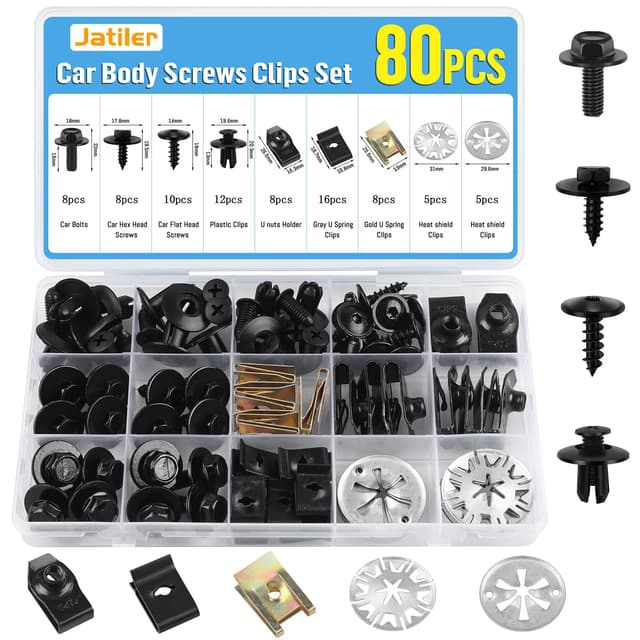 JatilEr 80 Stück Karosserieschrauben Clips Set, Kfz Blechmuttern Schraube Mutter Clip Kit, U Typ Befestigungsclips mit Klemmscheiben Hitzeschutzblech für Auto Body Undertray Fender Türverkleidung