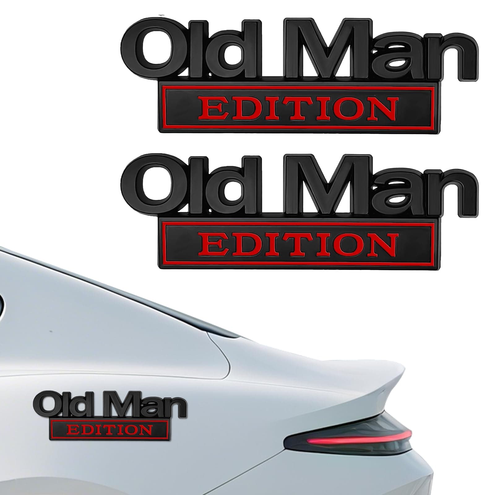 Old Man Edition Auto-Emblem, 2 Stück 3D-Metall-Aufkleber, 2025 Neue Autoaufkleber für Männer, Lustige Edition Stoßstangenaufkleber für Auto, LKW, SUV, Seite Oder Heckklappe (Schwarz-Rot)