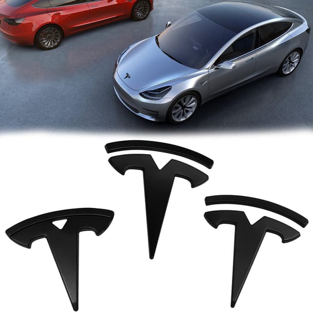 3 Stücke Tesla Emblem Logo: Modell 3 Auto Marke Etikett Front Motorhaube Frontkennzeichen Kofferraum Lenkrad Logo Aufkleber Mattschwarze Emblem Auto Zubehör Kompatibel mit Tesla Model 3