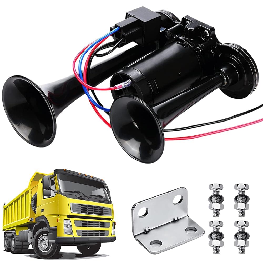 LKW Hupe 12V Laut, 600DB Super Laut Air Horn Autohupe Train Horn, Doppelrohr Lufthorn Drucklufthorn mit Kompressor Kit für alle 12V Fahrzeuge LKW Lörries Züge Boote Cars Vans, Schwarz