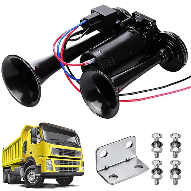 LKW Hupe 12V Laut, 600DB Super Laut Air Horn Autohupe Train Horn, Doppelrohr Lufthorn Drucklufthorn mit Kompressor Kit für alle 12V Fahrzeuge LKW Lörries Züge Boote Cars Vans, Schwarz