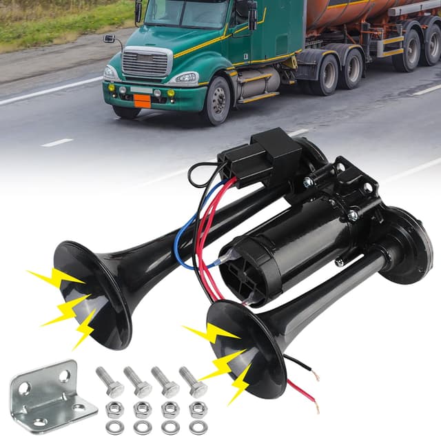 LKW Hupe 12V, Doppelrohr Lufthorn, Super Laut Air Horn, Laut Autohupe, LWK Hupe, Train Horn mit Kompressor, Lufthorn Drucklufthorn Laute Hupe Kit für 12 V Fahrzeug, PKW, Zug, Boot, Auto, Van