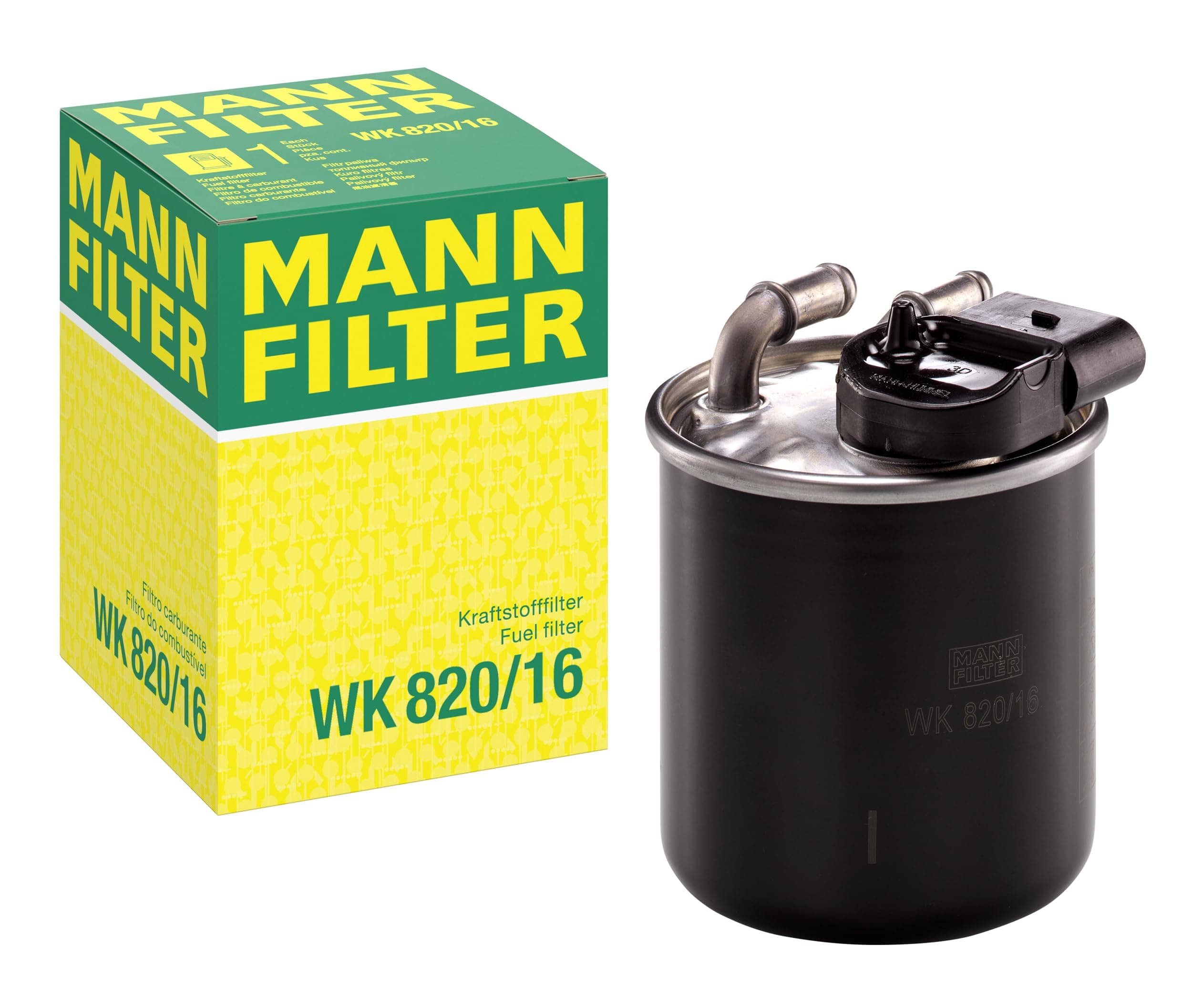 MANN-FILTER WK 820/16 Kraftstofffilter - für Pkw + Transporter Inlinefilter (Anschlüsse oben)