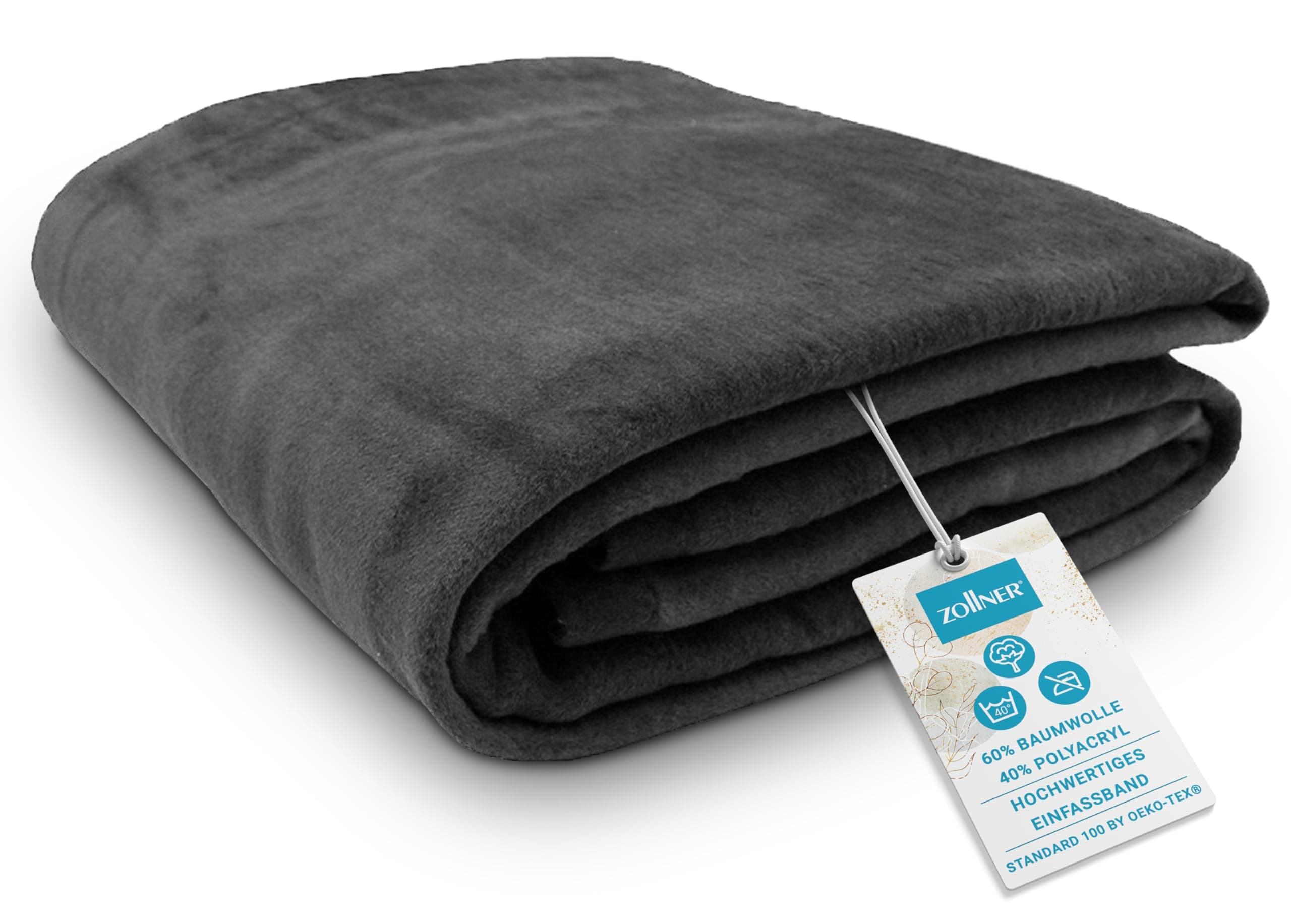 ZOLLNER Kuscheldecke flauschig in 150x200 cm - weiche und langlebige Sofadecke in Graphit - waschbar bis 40°C - Mischgewebe - mit elegantem Einfassband - Hotelqualität - Oeko Tex® Zertifiziert 150 x 200 cm Graphit