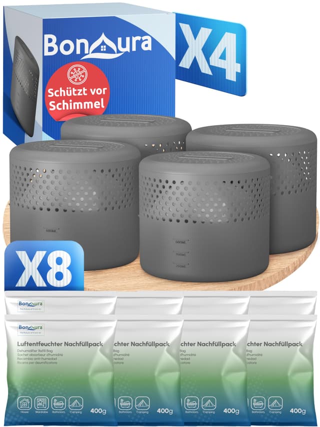 BonAura® 4x Luftentfeuchter ohne Strom + 8x 400g Luftenfeuchter Nachfüllpack - Raumentfeuchter bis 40m² für Keller, Bad uvm. - Entfeuchter und Luftentfeuchter Granulat im Set - Schutz vor Schimmel 4 X Titanium Gray