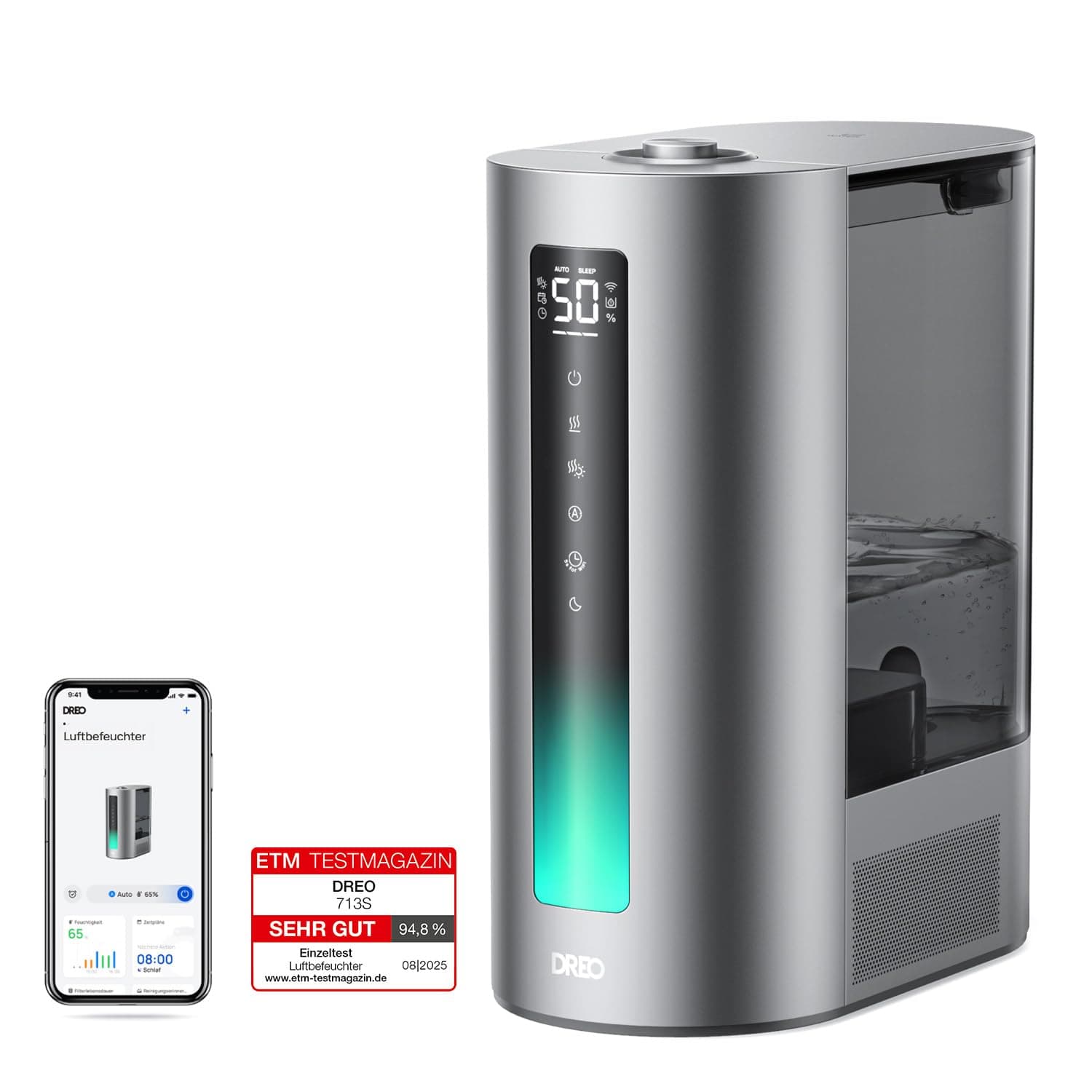 Dreo 6L Smart Luftbefeuchter für große Räume, Warm- und Kaltnebel für Schlafzimmer, 60 Std. Laufzeit, präziser Feuchtigkeitssensor, Aromadiffusor und kompatibel mit Alexa. Silber