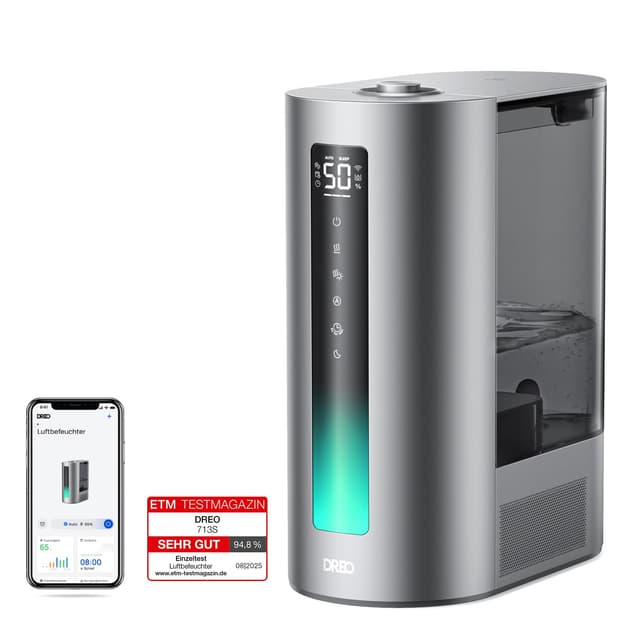 Dreo 6L Smart Luftbefeuchter für große Räume, Warm- und Kaltnebel für Schlafzimmer, 60 Std. Laufzeit, präziser Feuchtigkeitssensor, Aromadiffusor und kompatibel mit Alexa. Silber