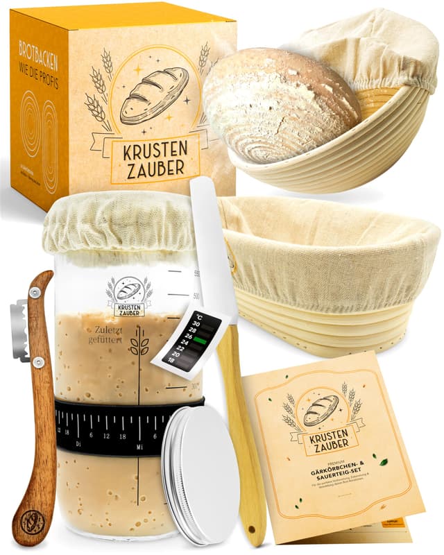 KRUSTENZAUBER 2er Set Gärkörbchen & 600ml Sauerteig Starter Set im Vorteilspack - Gärkörbe aus Rattan inkl. Gärtuch sowie Gärglas mit Spatel und Bäckermesser, Brot Backen Zubehör, Sauerteig-Glas Gärkorb-Set + 600ml Starter + Zubehör