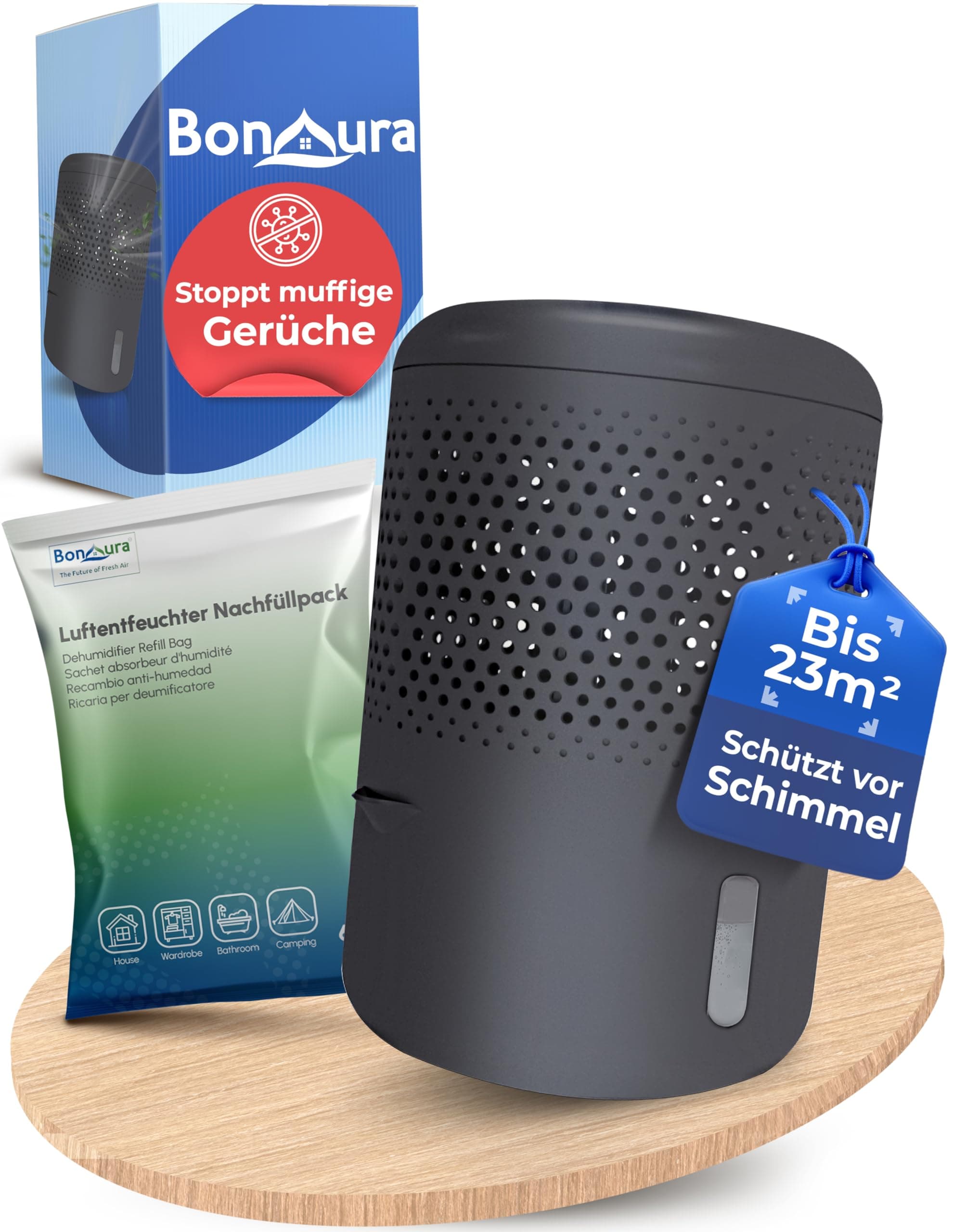 BonAura® Luftentfeuchter ohne Strom - Raumentfeuchter für Keller, Bad uvm. - 680g Luftenfeuchter Nachfüllpack inklusive - Entfeuchter und Luftentfeuchter Granulat im Set - Schutz vor Schimmel Titanium Grau