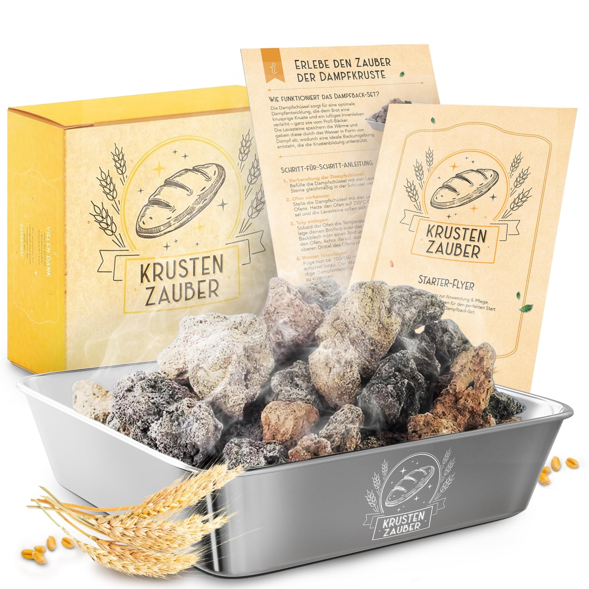 KRUSTENZAUBER Lavasteine Backofen zum Brot backen inkl. Edelstahl Dampfschüssel für optimale Wärmeverteilung dank natürlichen Wasserdampf, Brot Back Zubehör für knuspriges selbst gemachtes Brot Dampfschüssel mit Lavasteinen