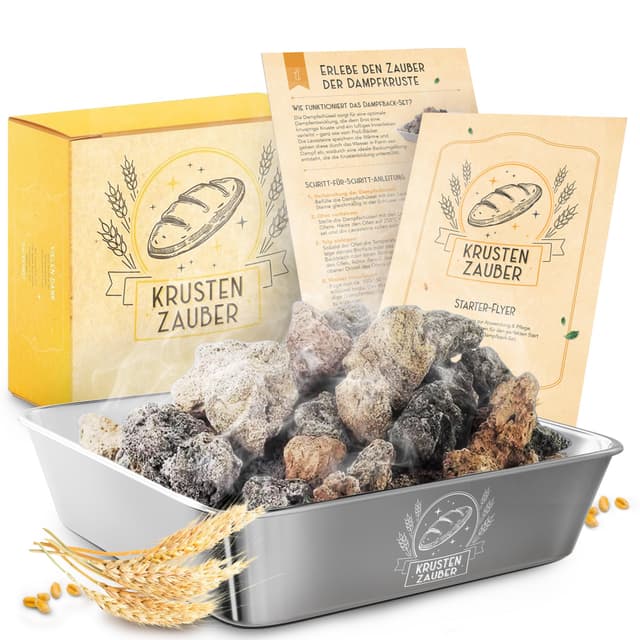 KRUSTENZAUBER Lavasteine Backofen zum Brot backen inkl. Edelstahl Dampfschüssel für optimale Wärmeverteilung dank natürlichen Wasserdampf, Brot Back Zubehör für knuspriges selbst gemachtes Brot Dampfschüssel mit Lavasteinen