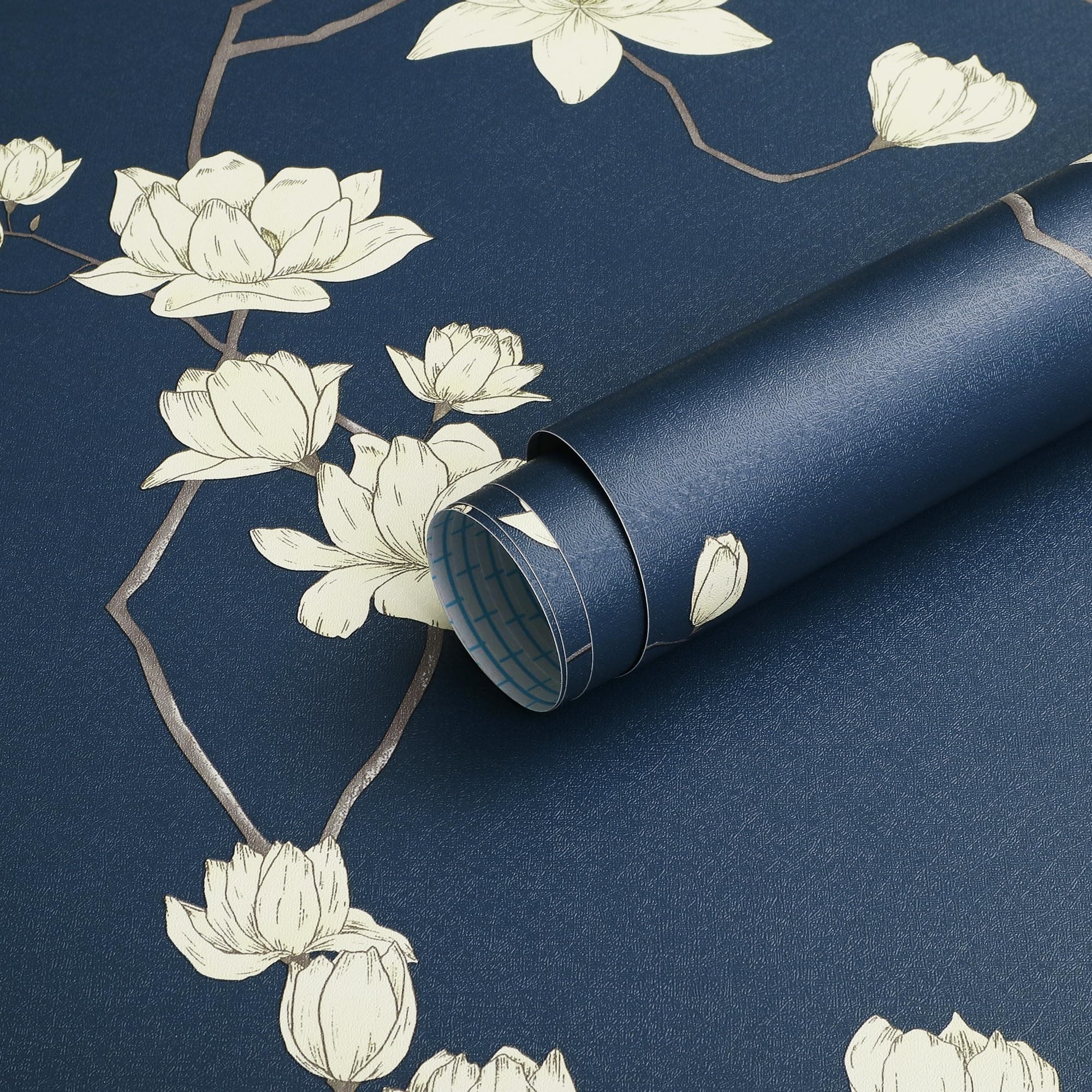 Fiula Selbstklebende Tapete Klebefolie Möbel Blumen 44CMx10M Möbelfolie Selbstklebend Wasserdicht DIY Blumentapete Vinyl Wrap Dekorfolie Wohnzimmer Schlafzimmer Marineblau Beige Vintage Wallpaper 0.4W x 10L m Marineblau