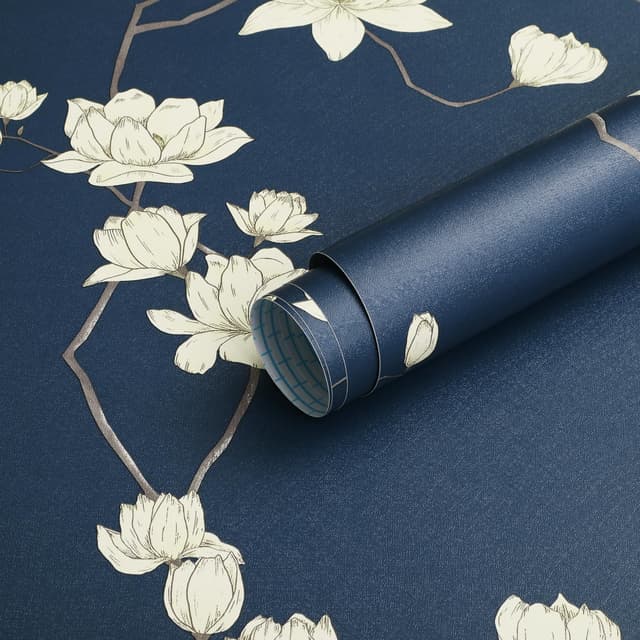 Fiula Selbstklebende Tapete Klebefolie Möbel Blumen 44CMx10M Möbelfolie Selbstklebend Wasserdicht DIY Blumentapete Vinyl Wrap Dekorfolie Wohnzimmer Schlafzimmer Marineblau Beige Vintage Wallpaper 0.4W x 10L m Marineblau