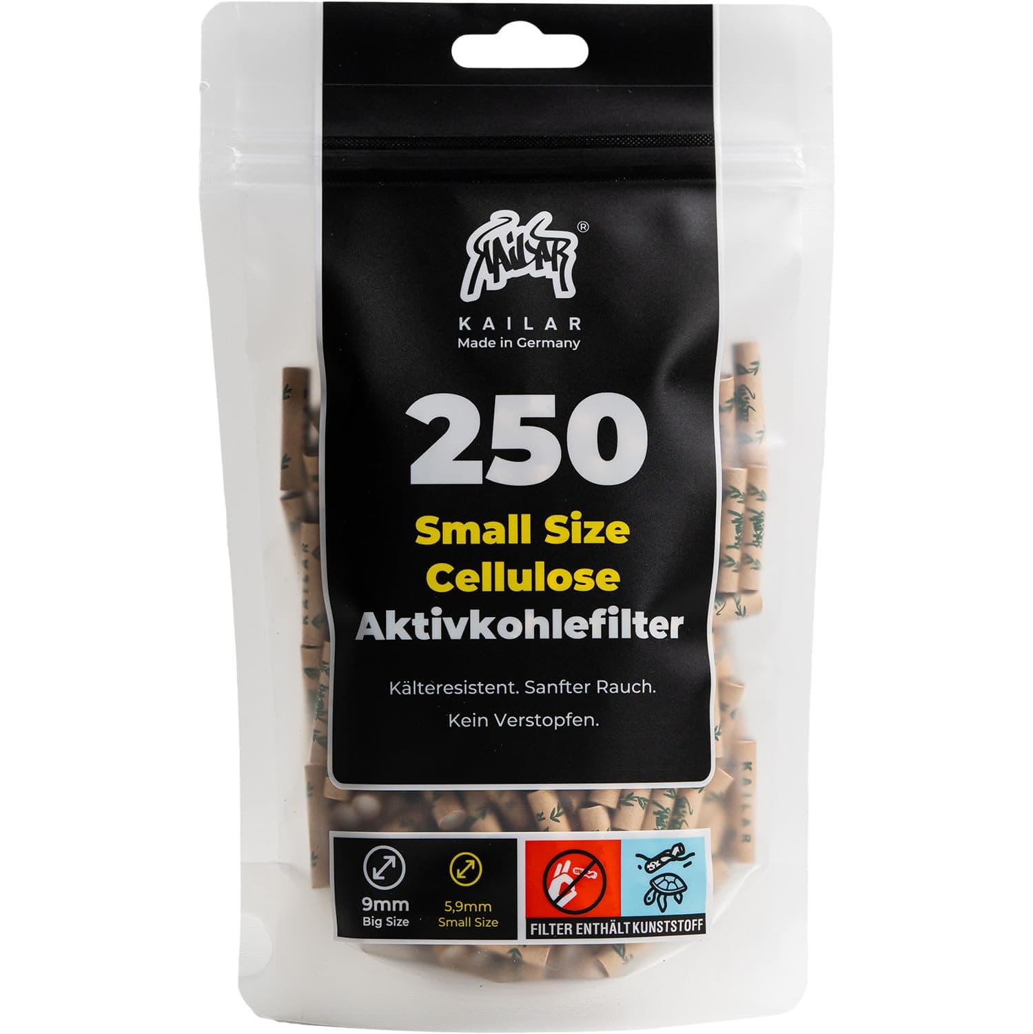 KAiLAR 250 Ungebleicht Cellulose Aktivkohlefilter Slim (6 mm) mit veganer Aktivkohle aus Kokosnussschalen | Für ein sanftes Raucherlebnis ohne zu verstopfen (Kälteresistenz)
