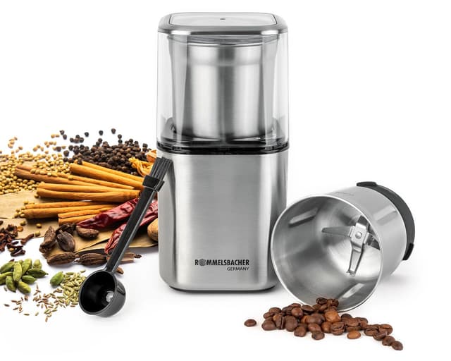 ROMMELSBACHER Gewürz und Kaffee Mühle EGK 200-2 Edelstahlbehälter mit Schlagmesser & Spezialmesser, Füllmenge 70 g, Mahlgrad über Mahldauer wählbar, auch für Pesto, Gewürze, Nüsse, Zucker, 200 Watt Push Funktion am Deckel