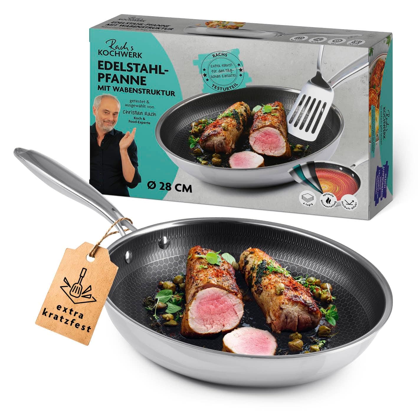 Kochwerk Rachs Bratpfanne mit Wabenstruktur ⌀28 | Edelstahl-Pfanne mit Antihaftbeschichtung & hohem Rand | Geeignet für alle Herdarten | Kratzfest & backofenfest | Inkl. 2 Rezeptideen ⌀28 cm