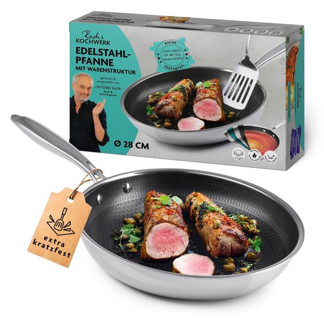 Kochwerk Rachs Bratpfanne mit Wabenstruktur ⌀28 | Edelstahl-Pfanne mit Antihaftbeschichtung & hohem Rand | Geeignet für alle Herdarten | Kratzfest & backofenfest | Inkl. 2 Rezeptideen ⌀28 cm
