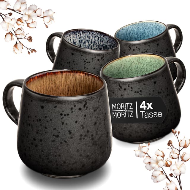 Moritz & Moritz SOLID 4er Tassen Set Bunt - Kaffeebecher Set Außen Schwarz - Robustes Steinzeug - Spülmaschinen- & mikrowellenfest - Perfekt für Kaffee, Tee & mehr Bunt Tassen (4x)