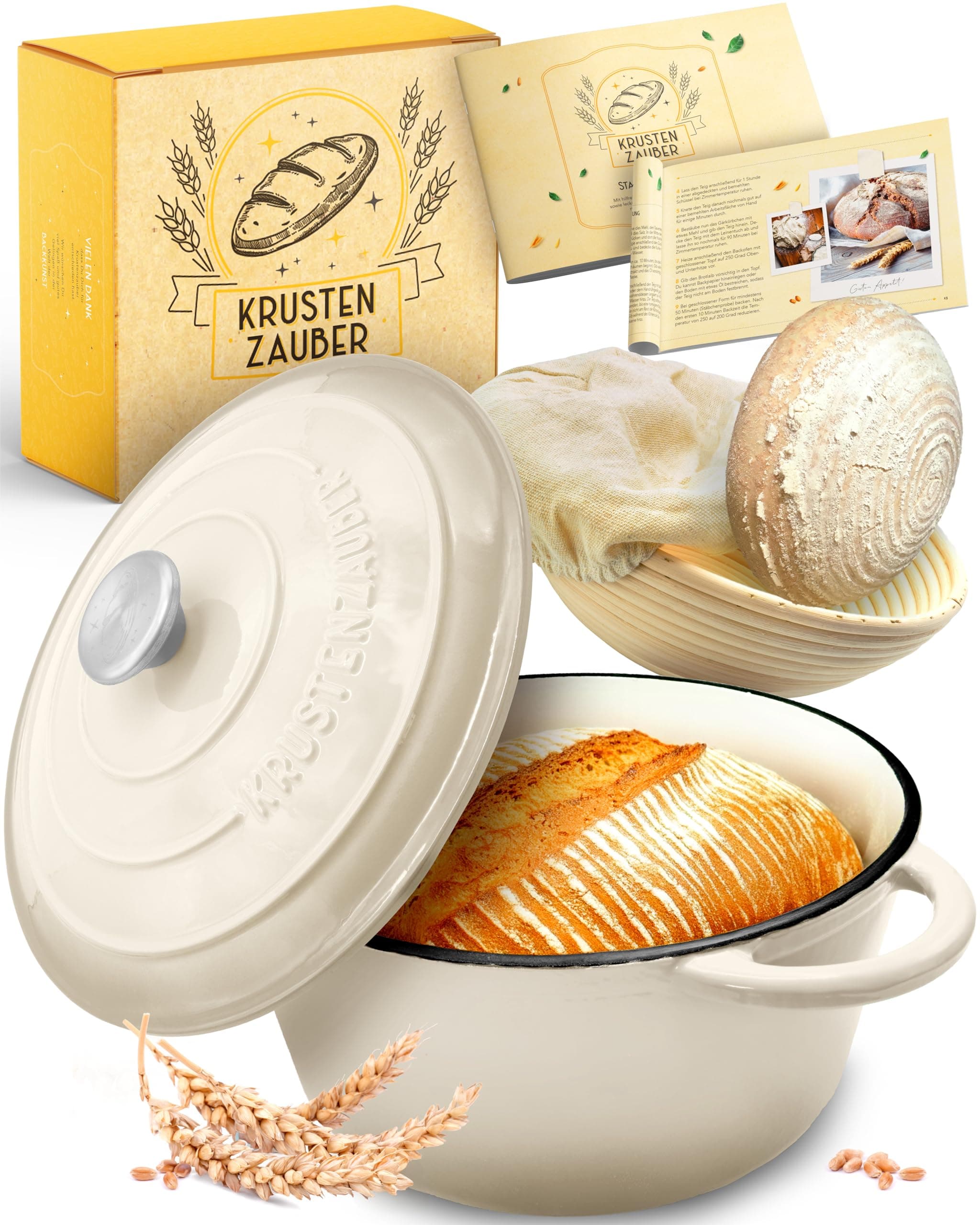 KRUSTENZAUBER Gusseisen Topf Brot backen emailliert inkl. Gärkorb - 26cm Emaille-Topf samt Zubehör - Ideal als Brotbacktopf, Brottopf, Brotbackform mit Deckel, Gusseisentopf Brotbacken, Schmortopf Creme Topf