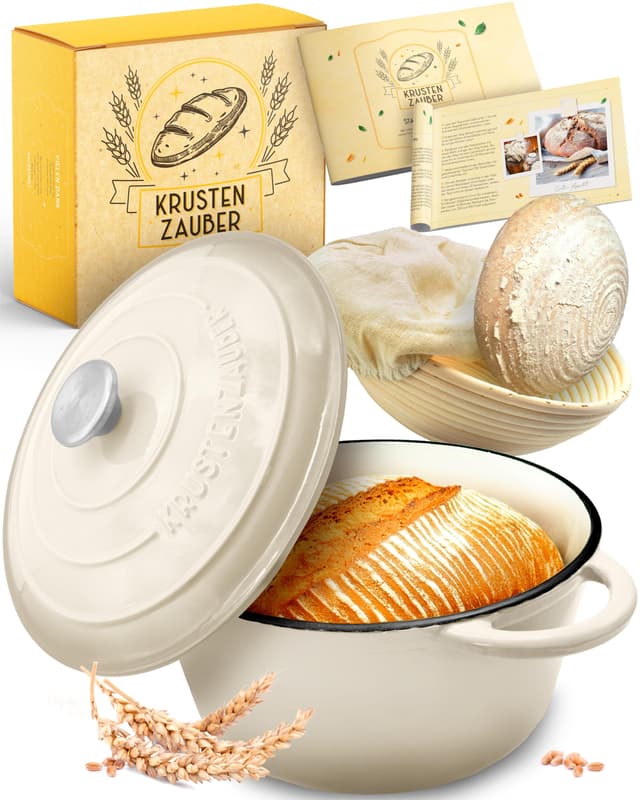 KRUSTENZAUBER Gusseisen Topf Brot backen emailliert inkl. Gärkorb - 26cm Emaille-Topf samt Zubehör - Ideal als Brotbacktopf, Brottopf, Brotbackform mit Deckel, Gusseisentopf Brotbacken, Schmortopf Creme Topf