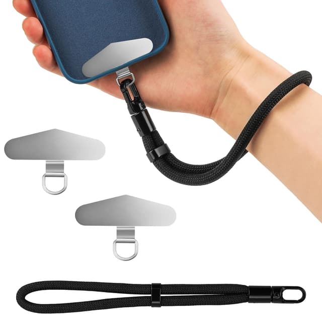 sebudion 2 Stück Edelstahl Handykette Universalpads,Handy Lanyard Pads, Handyband mit Metallring Patch, Schwarz Lanyard für Handgelenk, Anti Verlust Universal für Smartphones