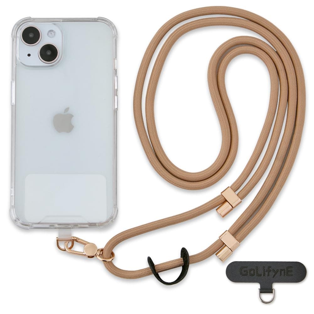 Golifyne Handykette Universal zum Umhängen | Handyband Kordel Kette für Outdoor, Reise, Unterweg Handy-Halterung | Phone Lanyard + 2 Stück Pad für alle Smartphone (ohne Hülle) - Beige