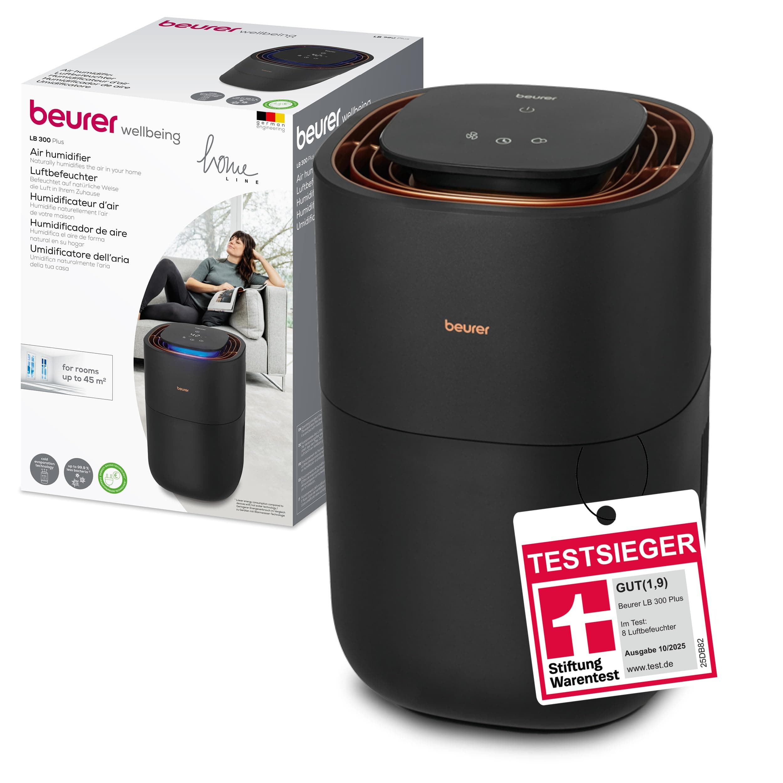 Beurer LB 300 Plus Luftbefeuchter mit energieeffizienter Kaltverdunstungstechnologie, farbiger Luftfeuchtigkeitsindikator, Filtertrocknungsfunktion, Räume bis ca. 45m², Testsieger Stiftung Warentest Für Räume bis ca. 45m²
