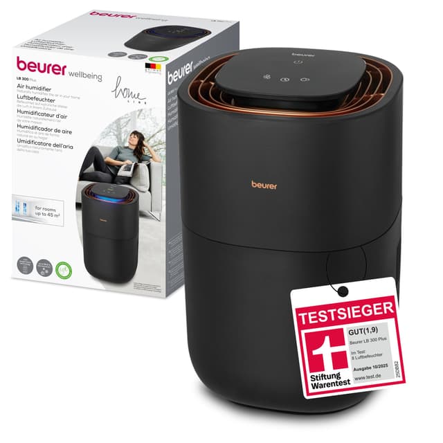 Beurer LB 300 Plus Luftbefeuchter mit energieeffizienter Kaltverdunstungstechnologie, farbiger Luftfeuchtigkeitsindikator, Filtertrocknungsfunktion, Räume bis ca. 45m², Testsieger Stiftung Warentest Für Räume bis ca. 45m²