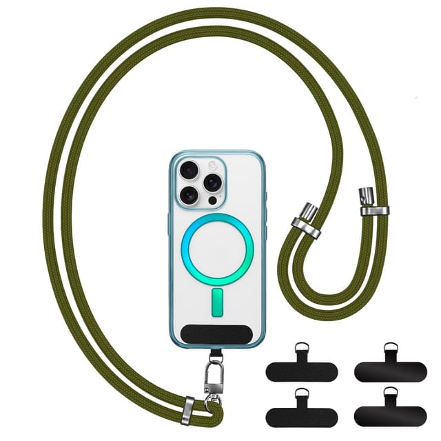 Handykette Universal, Verstellbar Nylon Handyband mit 4 Patches für Damen & Herren, Ohne Hülle, Phone Lanyard für alle Smartphone mit Handyhülle für Outdoor, Reise, Unterweg Militärgrün