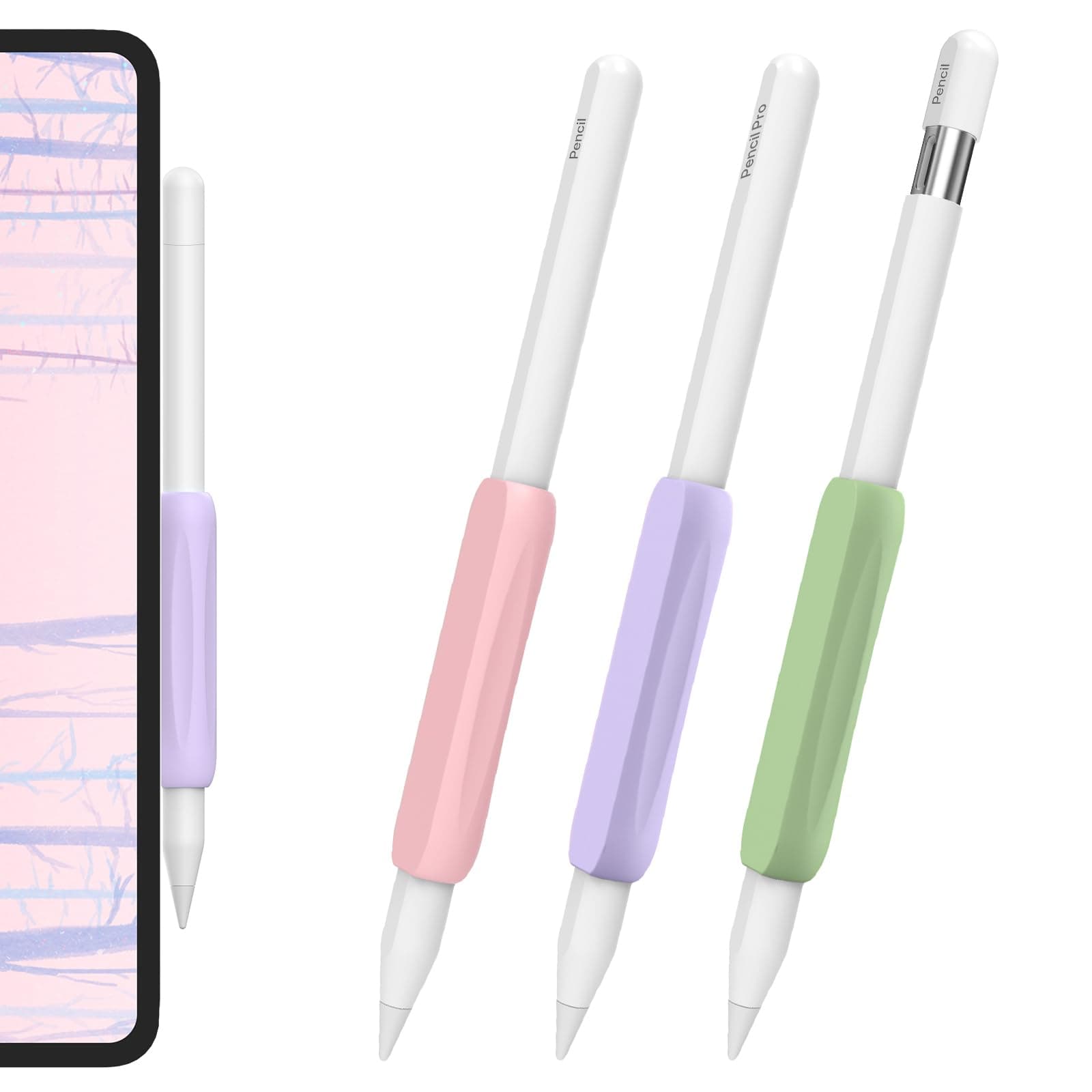 AHASTYLE 3 Stück Apple Pencil Griff - Ergonomischer Silikon Halter Hülle Zubehör Kompatibel Mit Pencil Pro, 2. Generation und USB-C (Rosa+Lila+Grün) Rosa+Lila+Avocadogrün