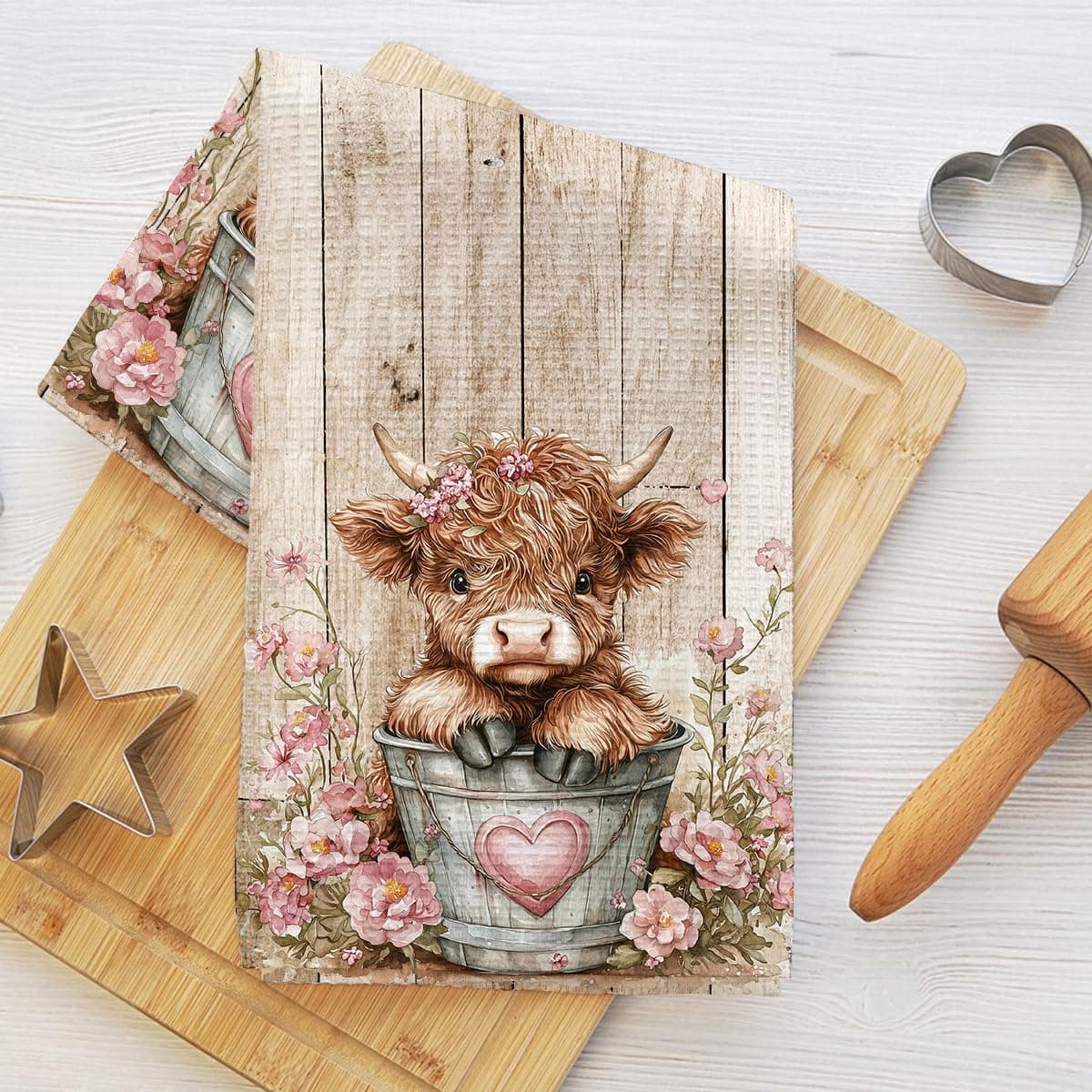 Rustikale Küchentücher, Motiv: Highland Cow, 61 x 35 cm, bezaubernde Kuh, rosa Blume, Holzhintergrund, Waffelhandtücher für Küche, Zuhause, Bauernhaus, saugfähiges Mikrofaser-Geschirrtuch Lcs Multicolor 23092