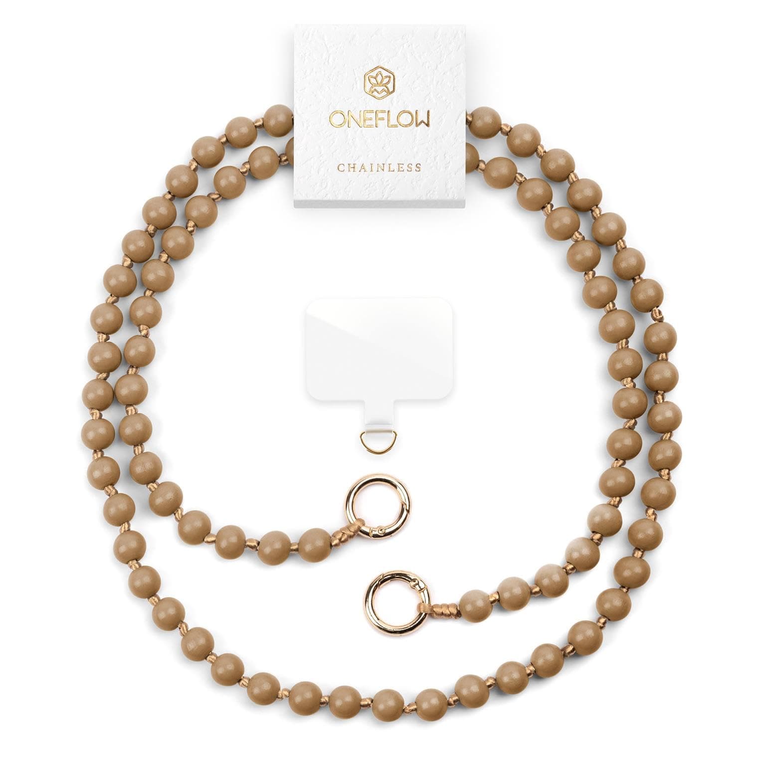 ONEFLOW Holzperlen Handykette Universal zum Umhängen, Abnehmbar mit Karabiner, Handyband für Hüllen für alle Smartphones, Perlen Holz Kette ohne Handyhülle, Chainless Terra Chain, Braun Handykette Oakwood Timber