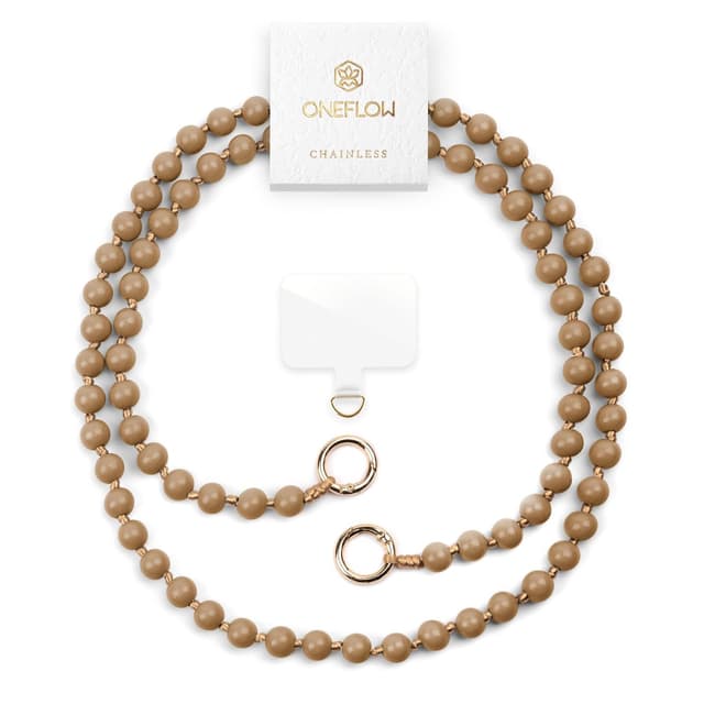ONEFLOW Holzperlen Handykette Universal zum Umhängen, Abnehmbar mit Karabiner, Handyband für Hüllen für alle Smartphones, Perlen Holz Kette ohne Handyhülle, Chainless Terra Chain, Braun Handykette Oakwood Timber